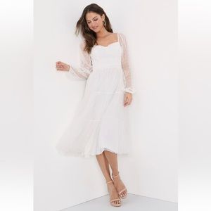 Lulus Affectionate Aura White Swiss Dot Tiered Bustier Midi Dress